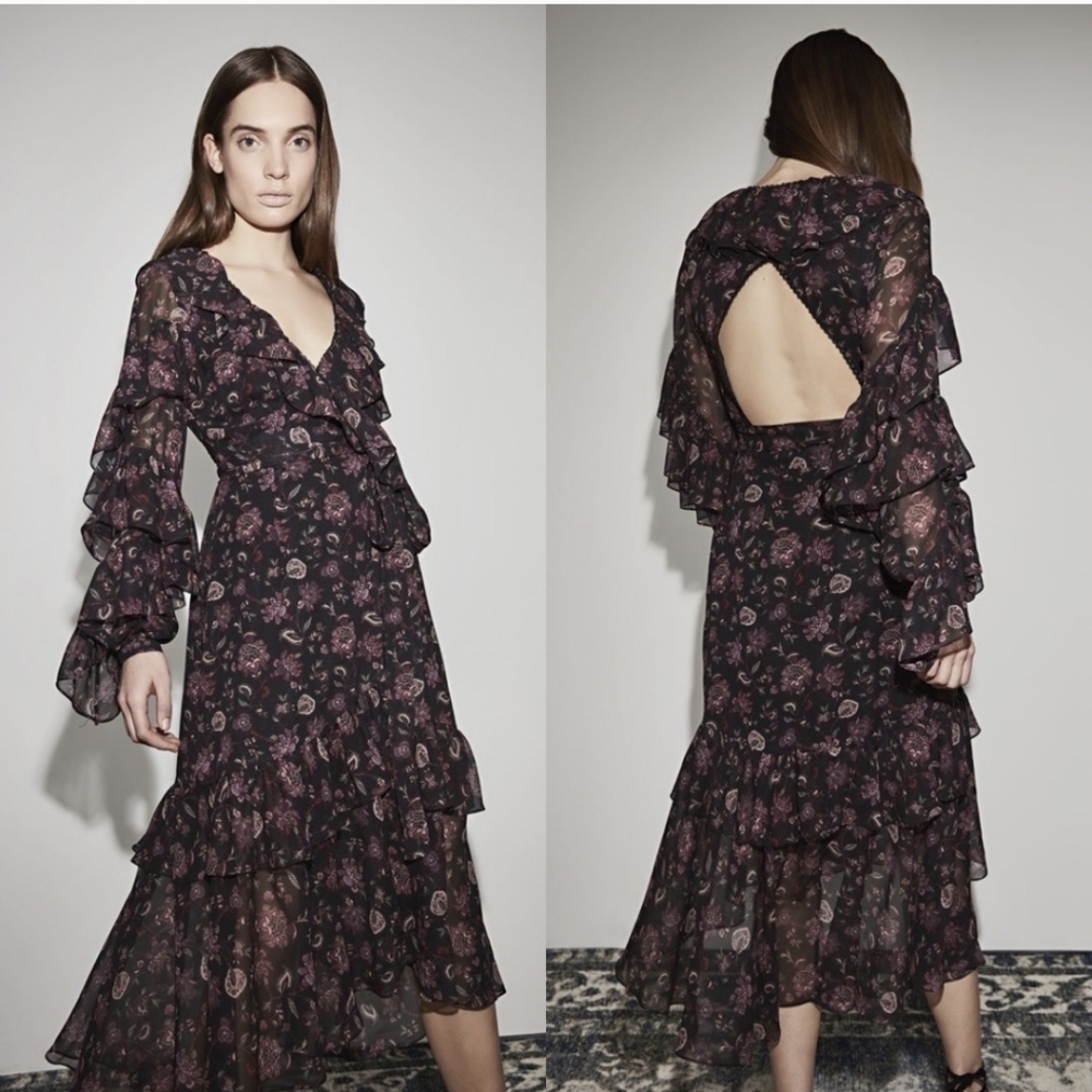 Amur Rumi Silk Wrap Midi Dress Size 0 Witchy Whimsigoth Dark Floral